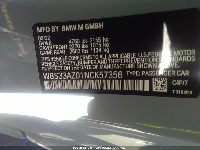 2022 BMW M4, VIN: WBS33AZ01NCK57356