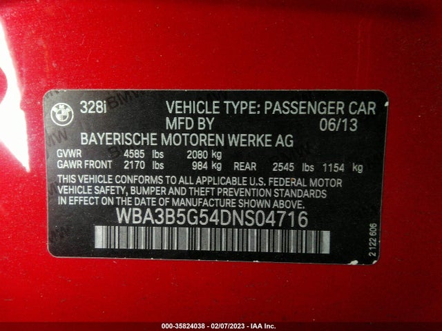 2013 BMW 3 SERIES 328I XDRIVE VIN: WBA3B5G54DNS04716