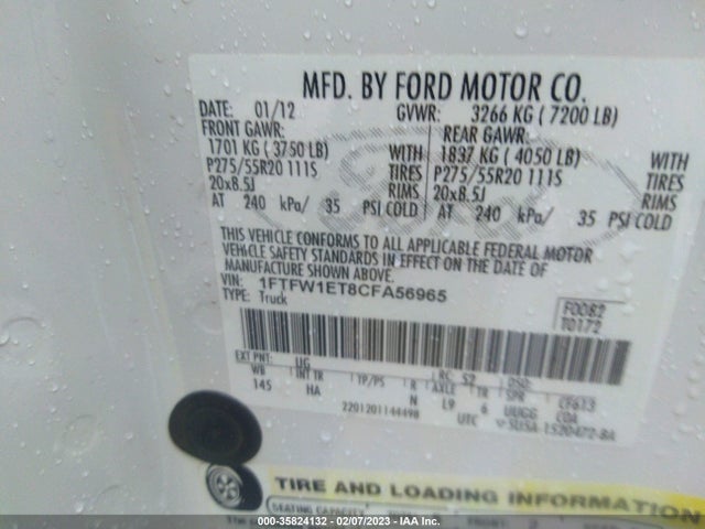 2012 FORD F-150 XL/XLT/FX4/LARIAT VIN: 1FTFW1ET8CFA56965