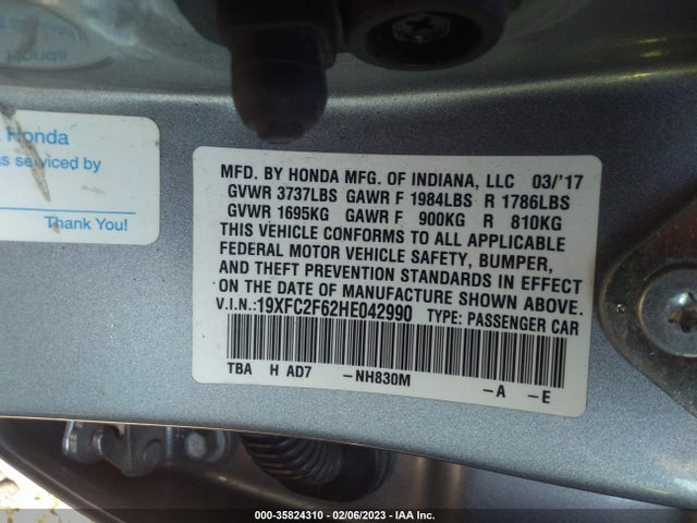 2017 HONDA CIVIC SEDAN LX VIN: 19XFC2F62HE042990