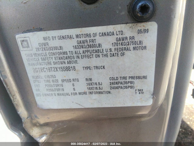 1999 GMC NEW SIERRA 1500 SLE VIN: 2GTEC19T2X1558818