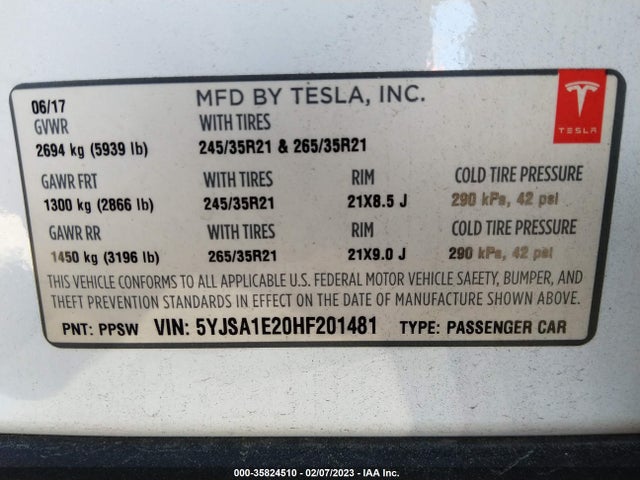 5YJSA1E20HF201481 Tesla Model S 100d/90d/75d/60d/p100d
