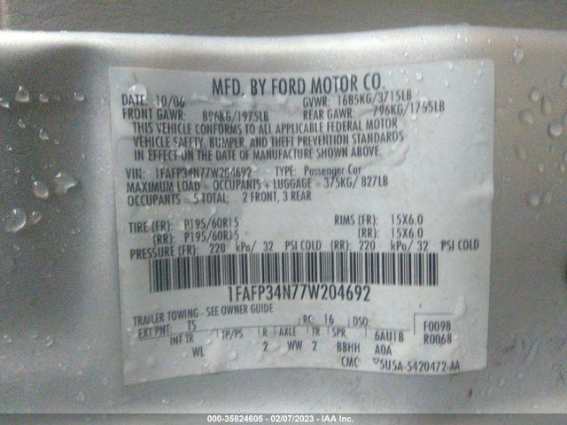 2007 FORD FOCUS S/SE/SES VIN: 1FAFP34N77W204692