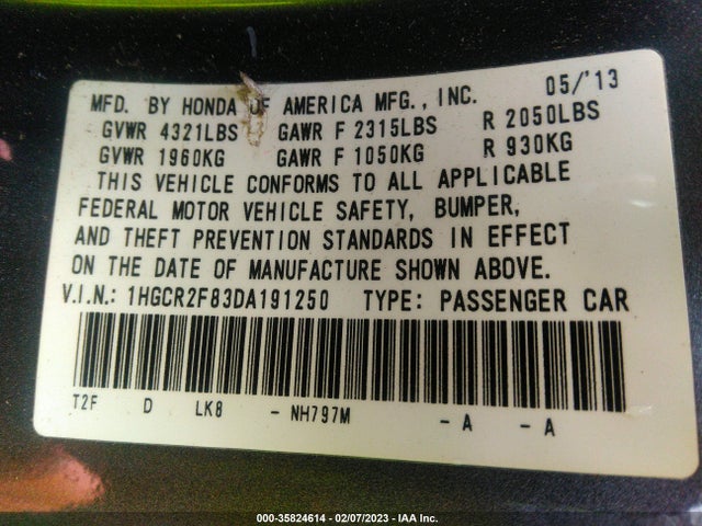 2013 HONDA ACCORD SDN EX-L VIN: 1HGCR2F83DA191250