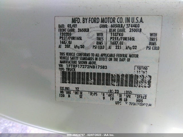 2002 FORD F-150 XL/XLT VIN: 1FTRF17272NB17583