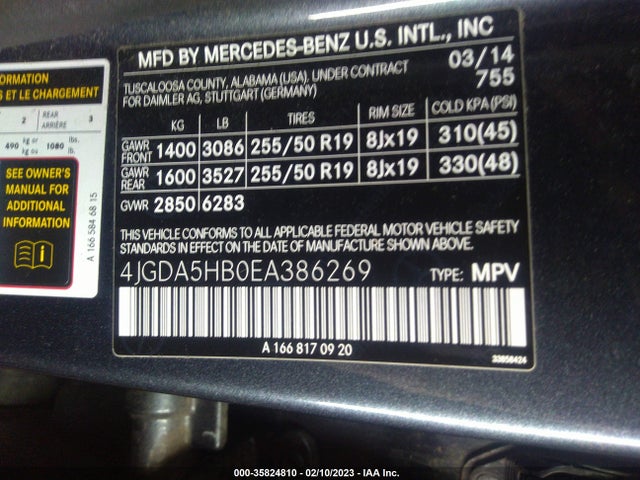 2014 Mercedes-Benz M-Class, VIN: 4JGDA5HB0EA386269