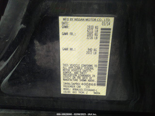 2014 NISSAN ALTIMA 2.5 SL VIN: 1N4AL3AP9EC400868