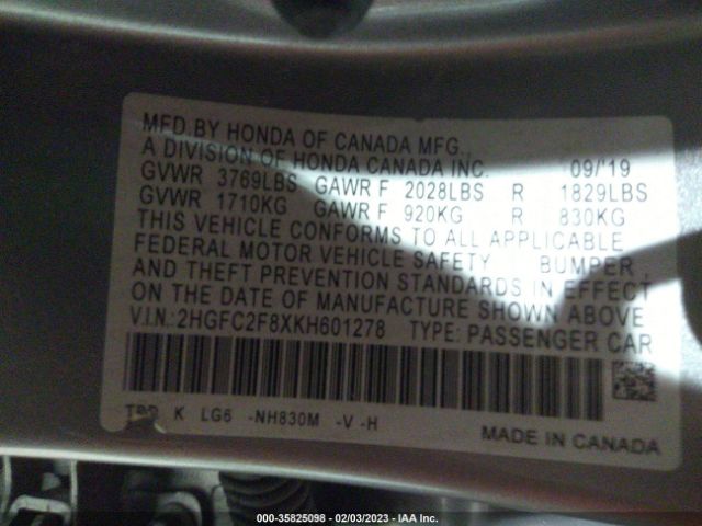2HGFC2F8XKH601278 Honda Civic Sedan Sport