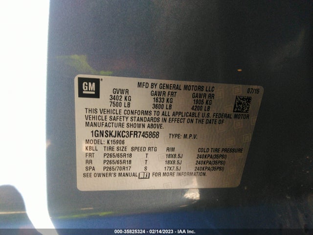 Chevrolet Suburban Lt 2015 1GNSKJKC3FR745868 Image 9