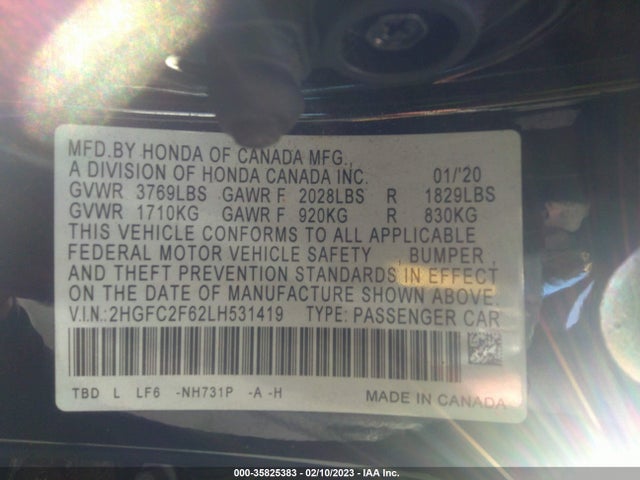2020 HONDA CIVIC SEDAN LX VIN: 2HGFC2F62LH531419