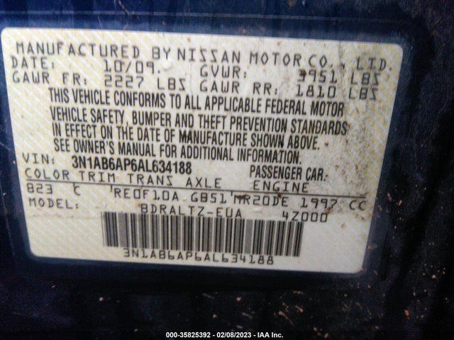2010 NISSAN SENTRA 2.0 S VIN: 3N1AB6AP6AL634188
