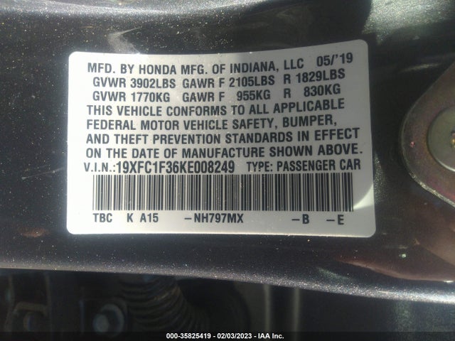 Honda Civic Sedan Ex 2019 19XFC1F36KE008249 Image 9