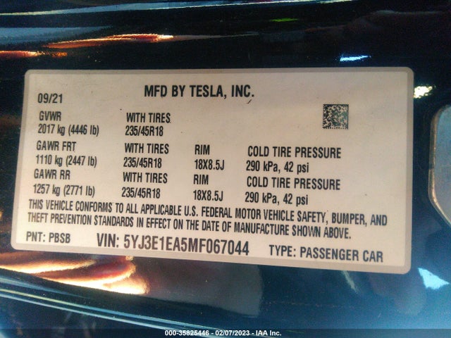 Tesla Model 3 Standard Range Plus 2021 5YJ3E1EA5MF067044 Image 9