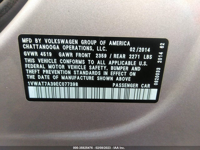1VWAT7A39EC077398 Volkswagen Passat Wolfsburg Ed