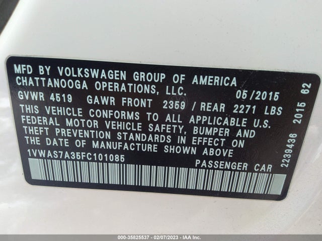 2015 Volkswagen Passat, VIN: 1VWAS7A35FC101085