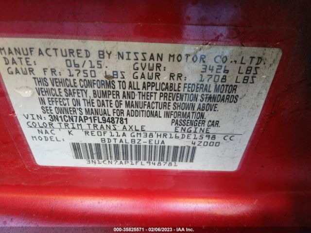 3N1CN7AP1FL948781 Nissan VERSA SV