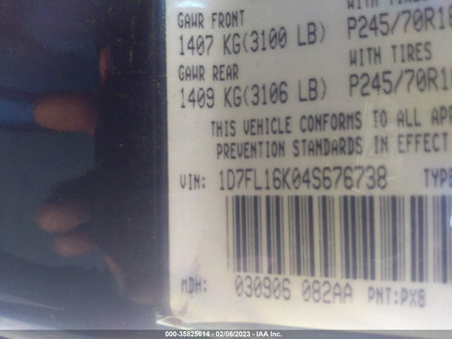 2004 DODGE DAKOTA BASE VIN: 1D7FL16K04S676738