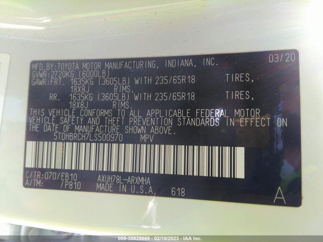 2020 Toyota Highlander, VIN: 5TDHBRCH7LS500970