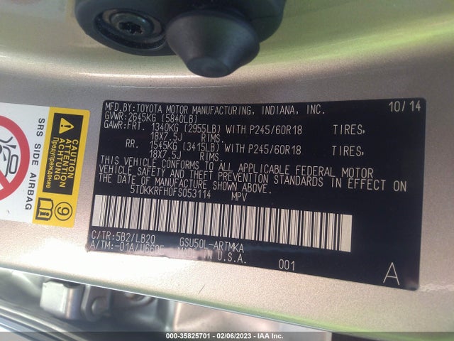 Toyota Highlander Xle V6 2015 5TDKKRFH0FS053114 Image 9