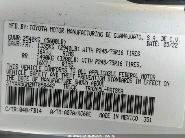 2022 Toyota Tacoma, VIN: 3TYAX5GN2NT058442