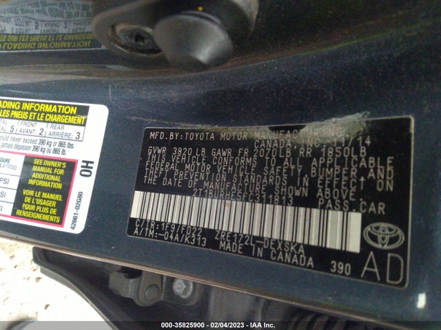 2015 TOYOTA COROLLA L/LE/S/S PLUS/LE PLUS VIN: 2T1BURHE5FC311813