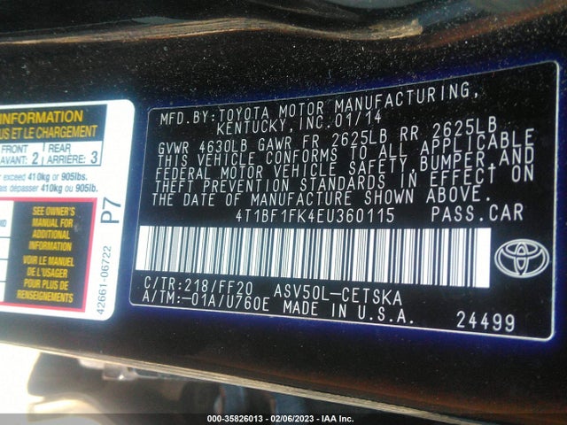 2014 TOYOTA CAMRY L/LE/XLE/SE/SE SPORT VIN: 4T1BF1FK4EU360115