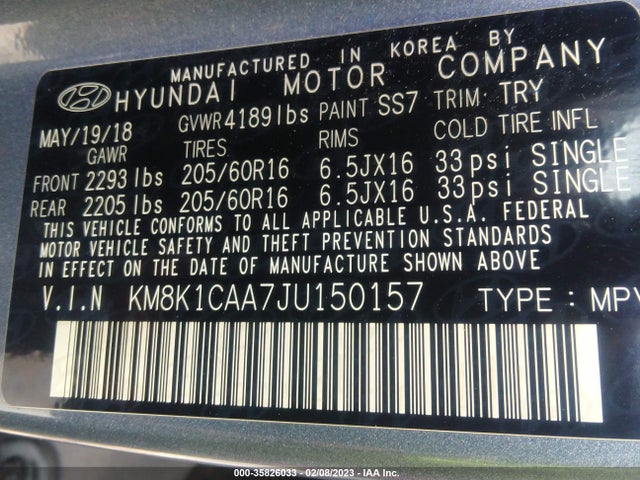 2018 Hyundai Kona, VIN: KM8K1CAA7JU150157