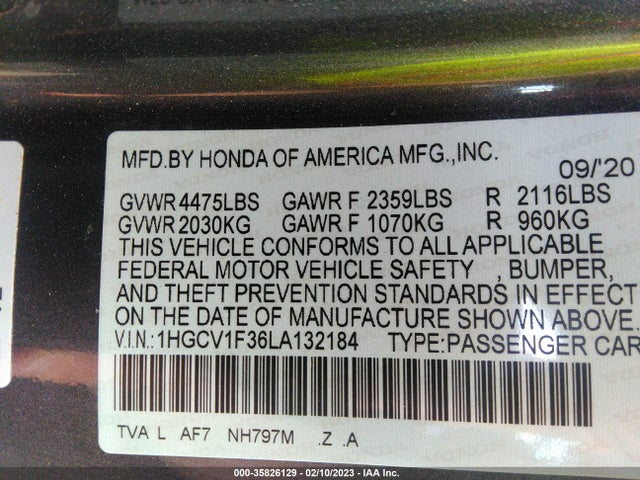 2020 HONDA ACCORD SEDAN SPORT VIN: 1HGCV1F36LA132184