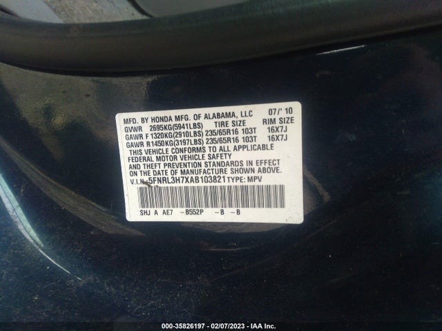 2010 HONDA ODYSSEY EX-L VIN: 5FNRL3H7XAB103821