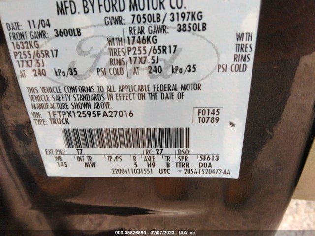2005 FORD F-150 XLT/LARIAT/XL VIN: 1FTPX12595FA27016