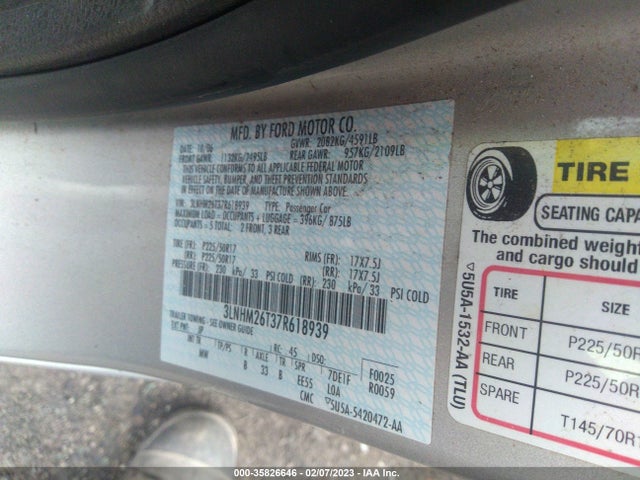Lincoln MKZ 2007 3LNHM26T37R618939 Image 10