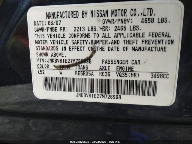2007 INFINITI G35 SEDAN JOURNEY VIN: JNKBV61E27M726998