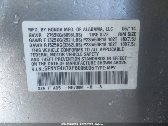 Honda Pilot Ex-l 2015 5FNYF4H7XFB006036 Image 10