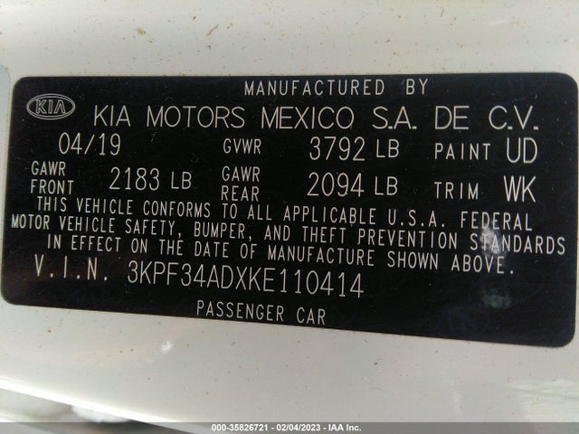 2019 KIA FORTE S VIN: 3KPF34ADXKE110414