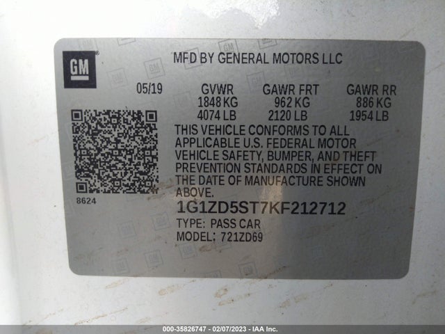 2019 Chevrolet Malibu, VIN: 1G1ZD5ST7KF212712