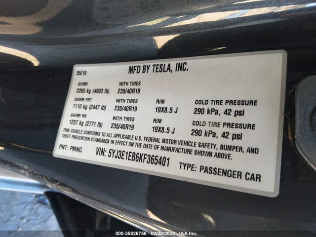 Tesla Model 3 Long Range/performance 2019 5YJ3E1EB6KF365401 Image 9