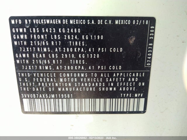 3VV0B7AX5JM119581 Volkswagen TIGUAN S