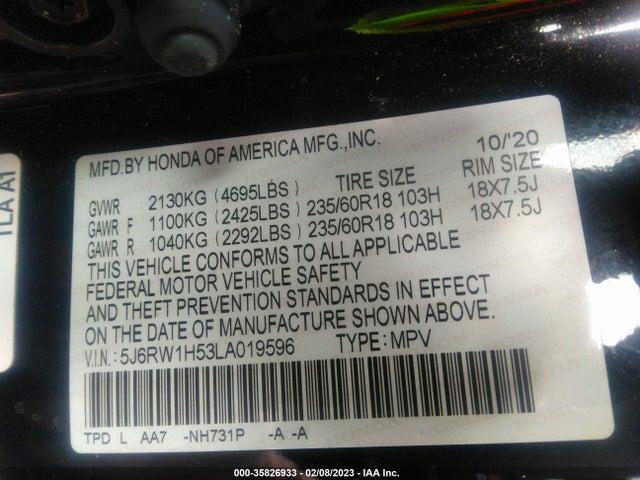 Honda CR-V EX 2020 5J6RW1H53LA019596 Image 9