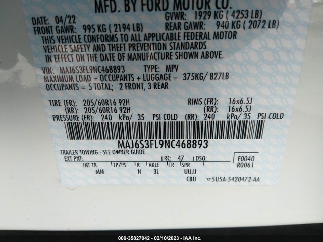 Ford ECOSPORT S 2022 MAJ6S3FL9NC468893 Image 9