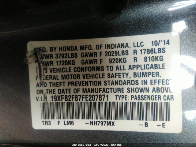 2015 HONDA CIVIC SEDAN EX VIN: 19XFB2F87FE207871