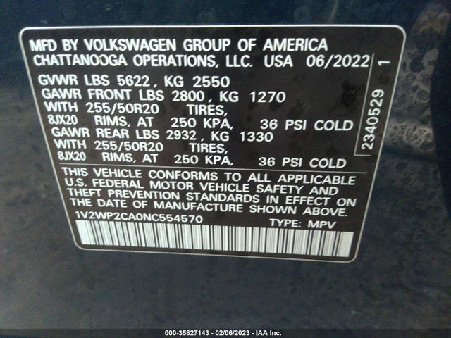 2022 Volkswagen Atlas, VIN: 1V2WP2CA0NC554570