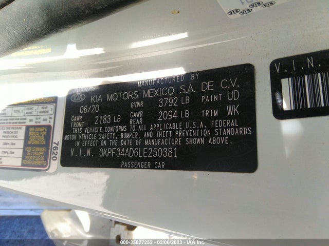 2020 KIA FORTE GT LINE VIN: 3KPF34AD6LE250381