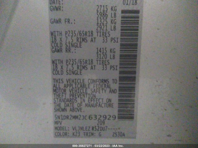 5N1DR2MM2JC632929 Nissan Pathfinder Sv