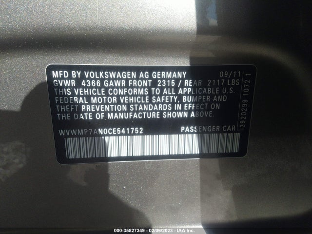 WVWMP7AN0CE541752 Volkswagen Cc Sport Pzev