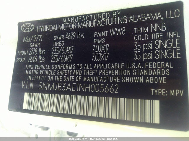 2022 HYUNDAI TUCSON SEL VIN: 5NMJB3AE1NH005662