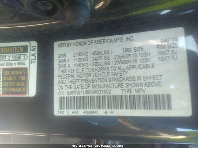 2019 Honda CR-V, VIN: 5J6RW1H89KA031602
