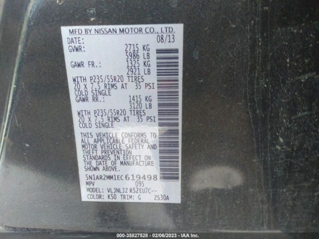 5N1AR2MM1EC619498 Nissan Pathfinder Platinum