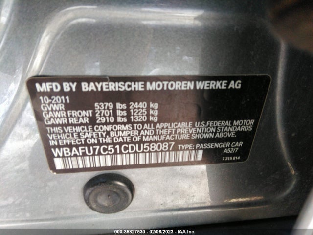 2012 BMW 5 SERIES 535I XDRIVE VIN: WBAFU7C51CDU58087