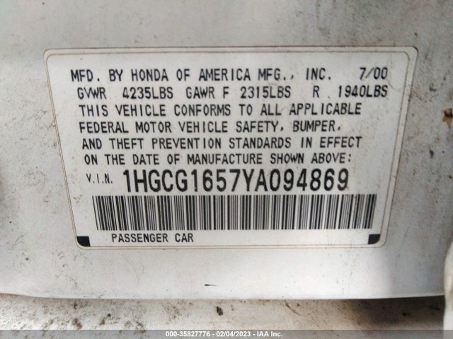 2000 HONDA ACCORD SDN EX W/LEATHER VIN: 1HGCG1657YA094869
