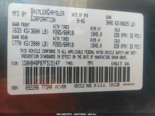 2007 DODGE DURANGO SLT VIN: 1D8HB48P87F515147